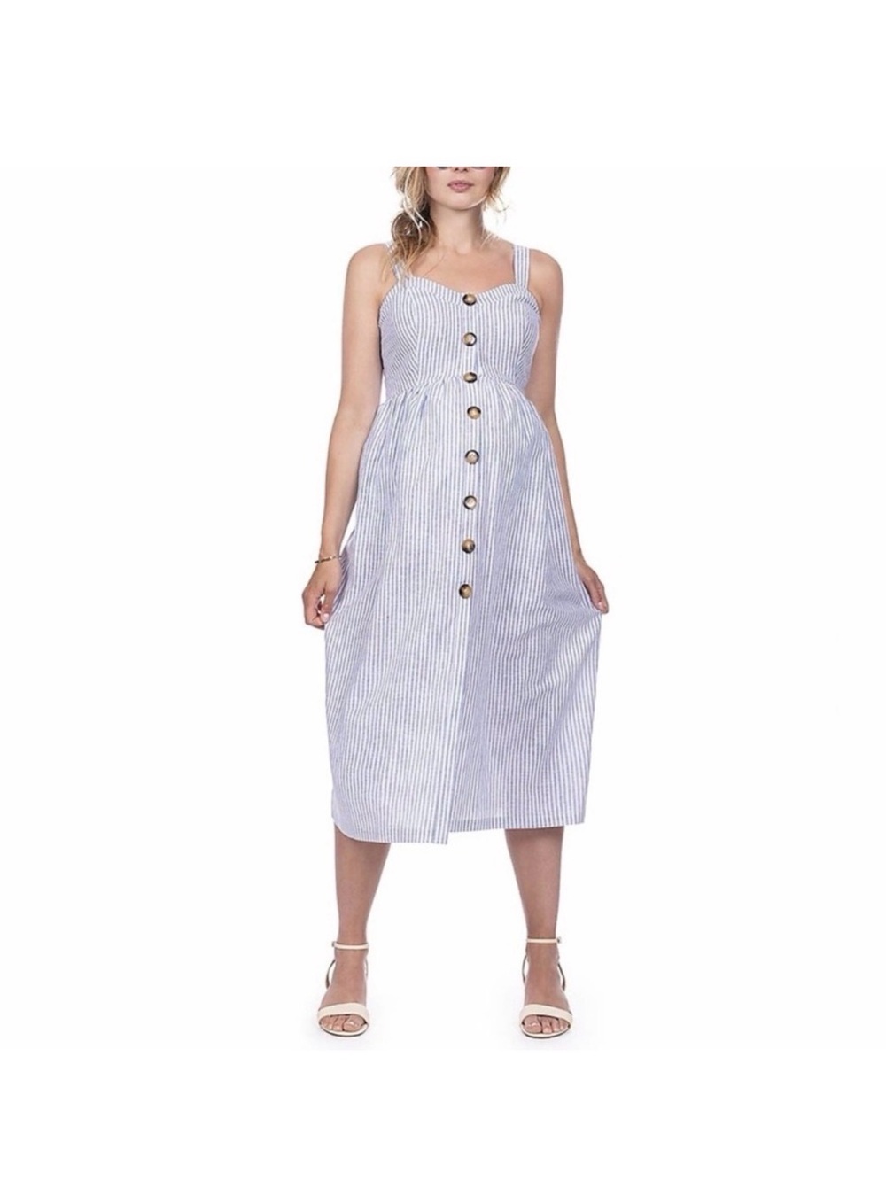 Seraphine Maternity - Adalia Striped Button-Front Midi Sundress - Blue/White
